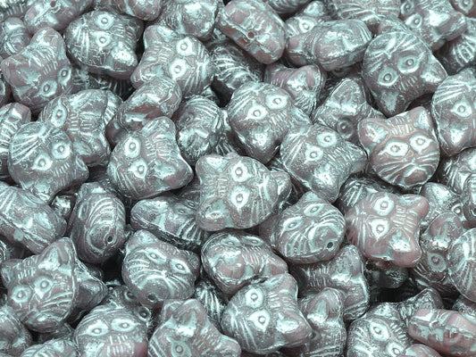 Cat Head Muzzle Beads, Opaque Pink Silver Lined (76017-54201), Glass, Czech Republic