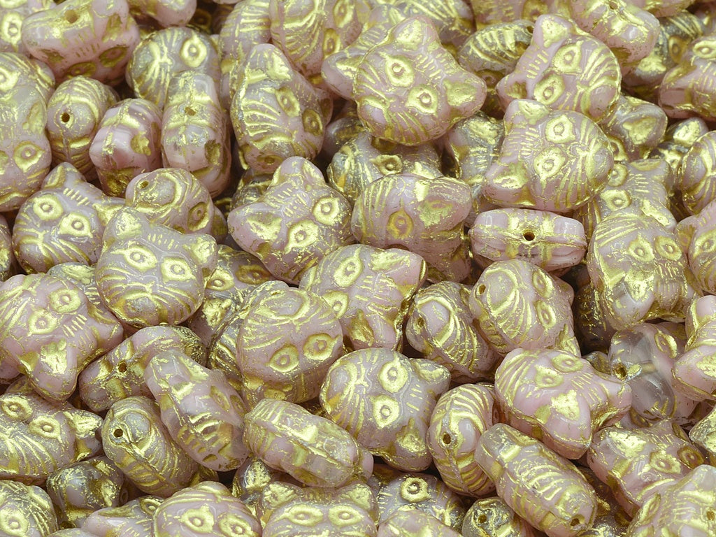 Cat Head Muzzle Beads, Opaque Pink Gold Lined (76017-54202), Glass, Czech Republic