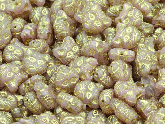 Cat Head Muzzle Beads, Opaque Pink Gold Lined (76017-54202), Glass, Czech Republic