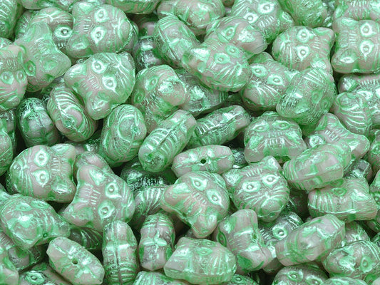 Cat Head Muzzle Beads, Opaque Pink Green Lined (76017-54322), Glass, Czech Republic