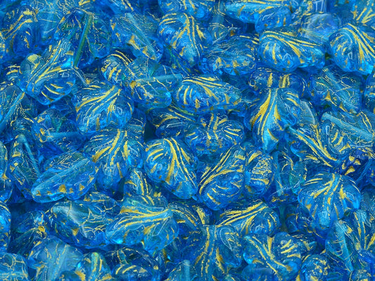 Grape Leaf Beads, Transparent Aqua Gold Lined (60310-54302), Glass, Czech Republic