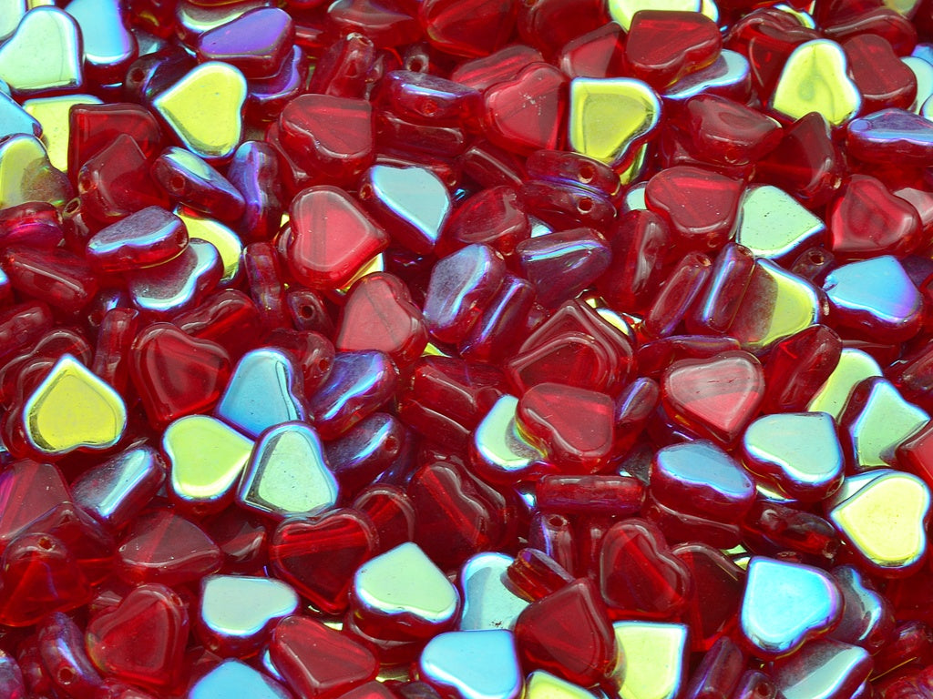 Flat Heart Beads Side Hole, Ruby Red Ab (90080-28701), Glass, Czech Republic