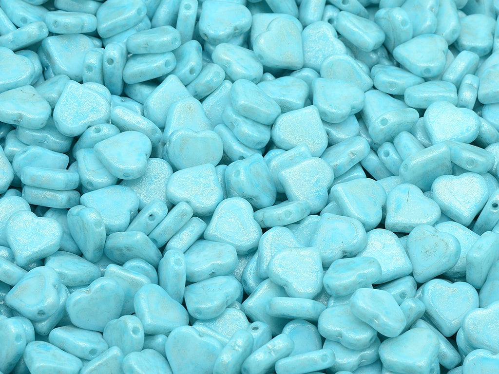Flat Heart Beads Side Hole, Chalk White Light Aqua Blue Silver Gray (03000-34308-34301), Glass, Czech Republic