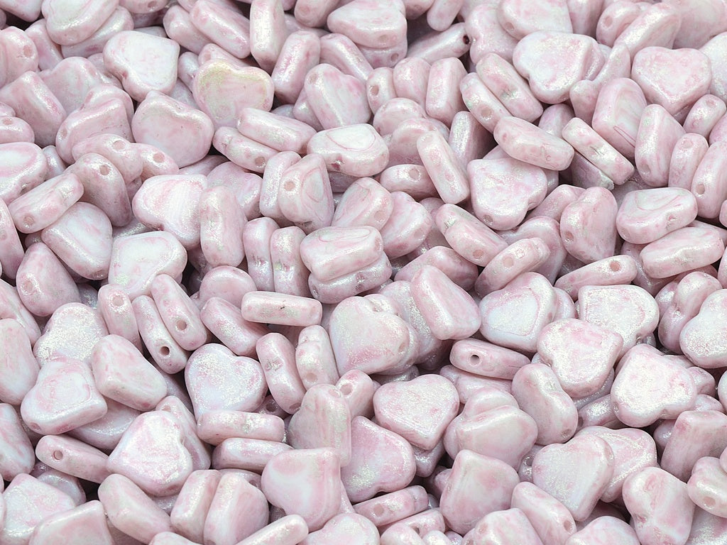 Flat Heart Beads Side Hole, Chalk White Light Fuchsia Pink Silver Gray (03000-34306-34301), Glass, Czech Republic