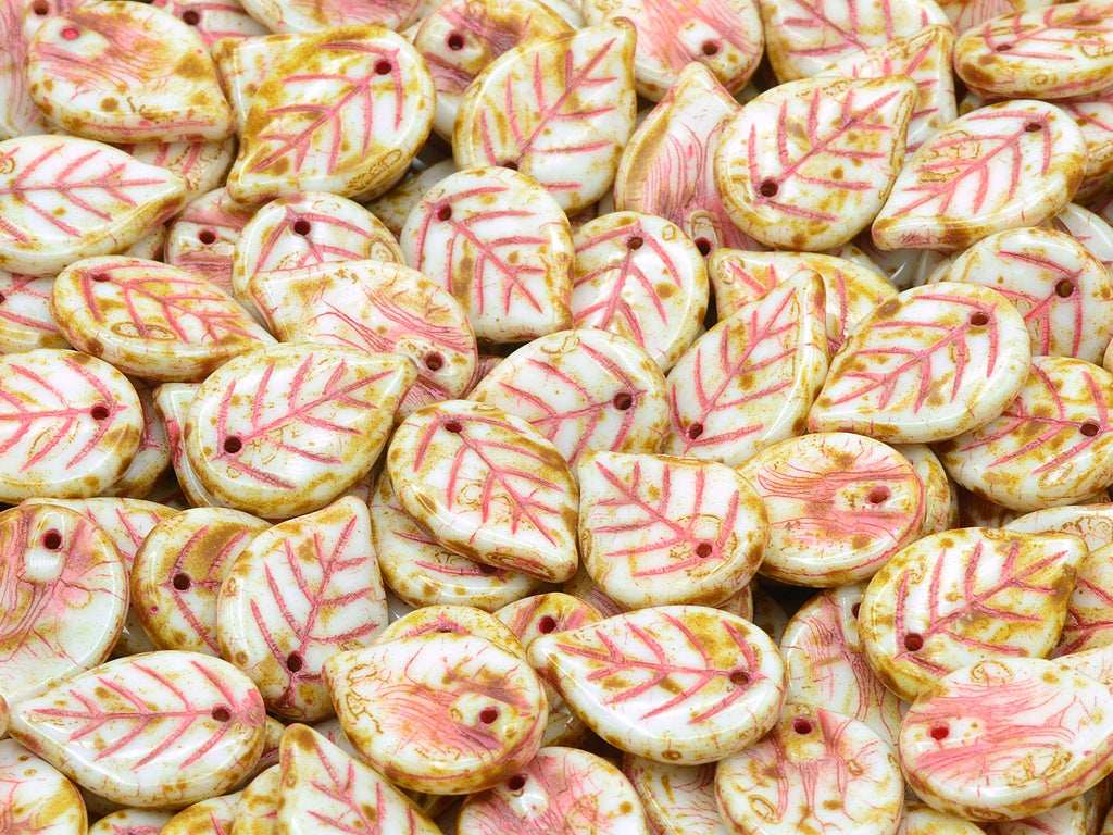 Apple Leaf Beads, Chalk White Travertin Red Lined (03000-86800-43808), ガラス, チェコ共和国
