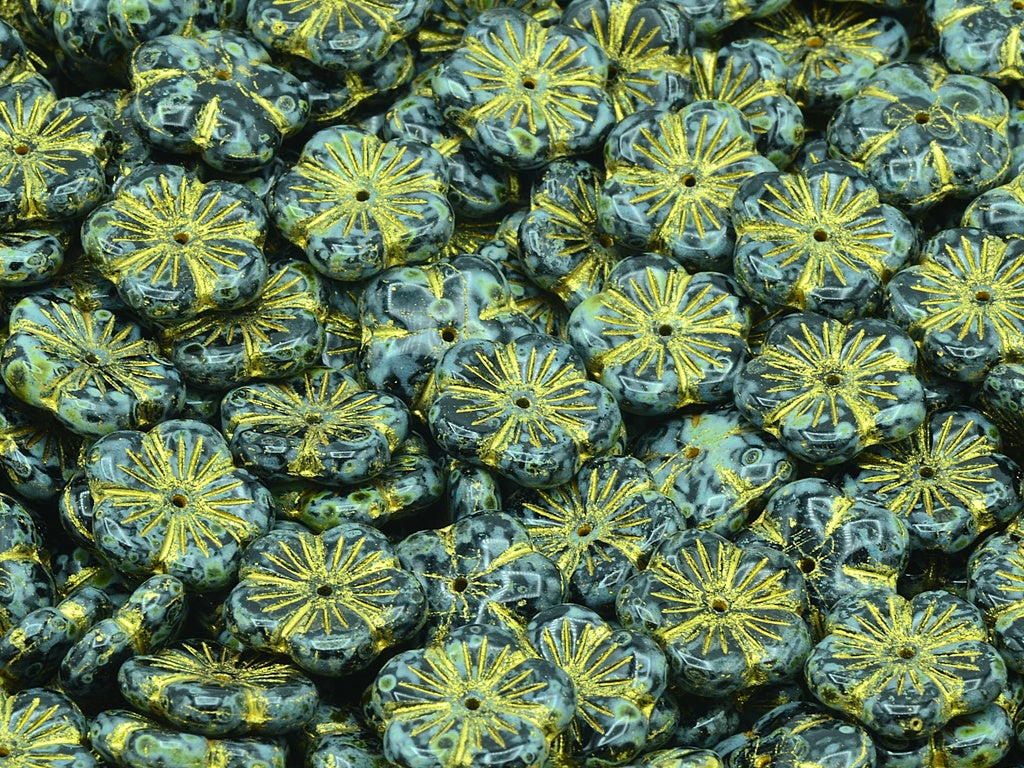 Cherry Flower Beads, Black Travertin Yellow Lined (23980-86800-43803), Glass, Czech Republic