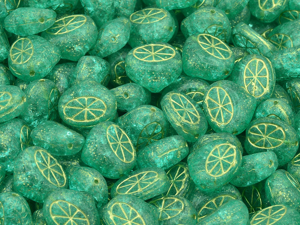 Flat Lemon Half Beads, Crystal Cracked Light Turquoise Gold Lined (00030-85500-34309-54302), Glass, Czech Republic