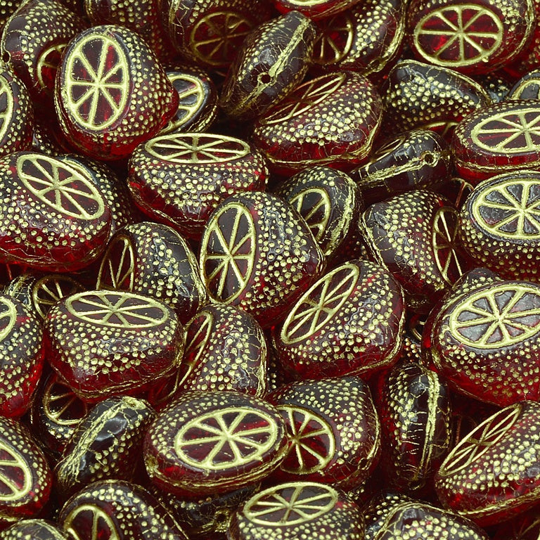 Flat Lemon Half Beads, Transparent Red Gold Lined (90090-54202), Glass, Czech Republic