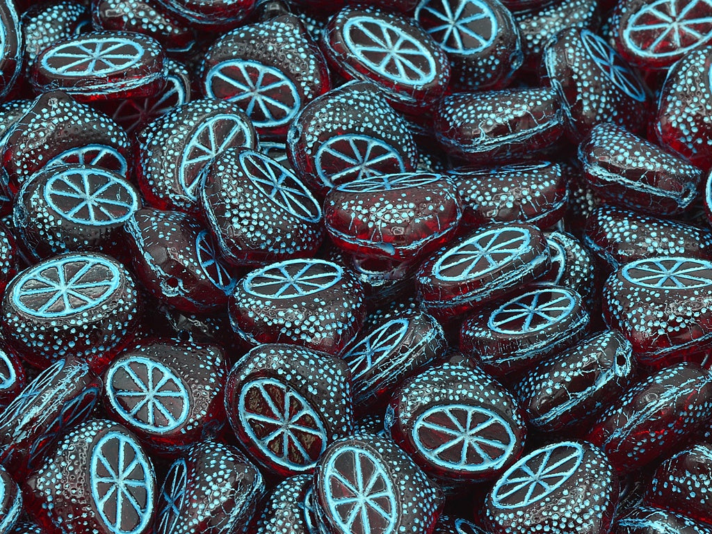 Flat Lemon Half Beads, Transparent Red Light Blue Lined (90090-54308), Glass, Czech Republic