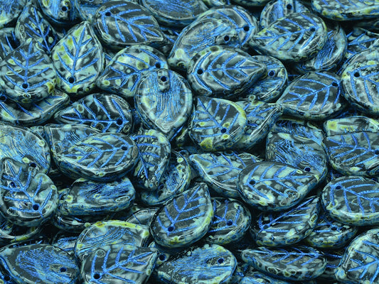 Apple Leaf Beads, Black Travertin Blue Lined (23980-86800-43812), Glass, Czech Republic