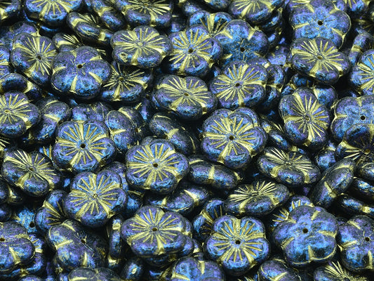 Cherry Flower Beads, Black Blue Iridiscent Gold Lined (23980-86966-54302), Glass, Czech Republic