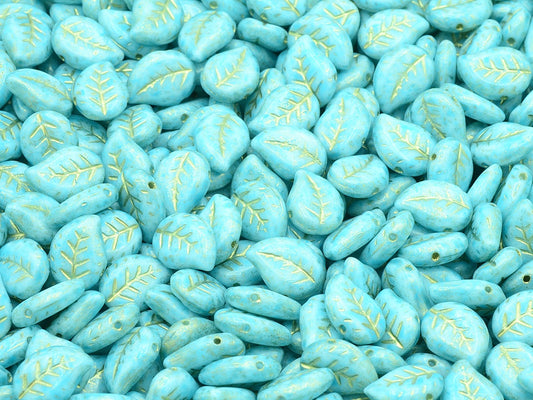 Nice Leaf Beads, Chalk White Gold Lined Light Aqua Blue (03000-54302-34308), Glass, Czech Republic