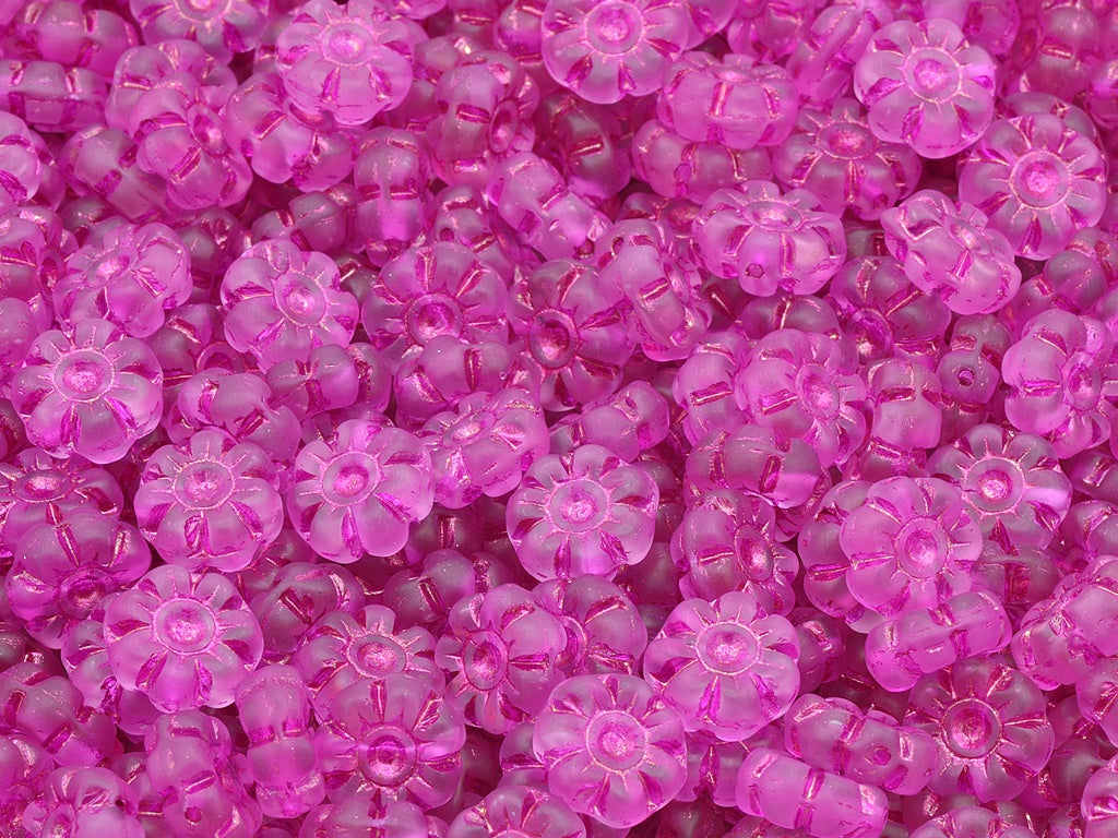 Flat Flower Beads, Transparent Pink Matte 54570 (70110-84110-54570), Glass, Czech Republic