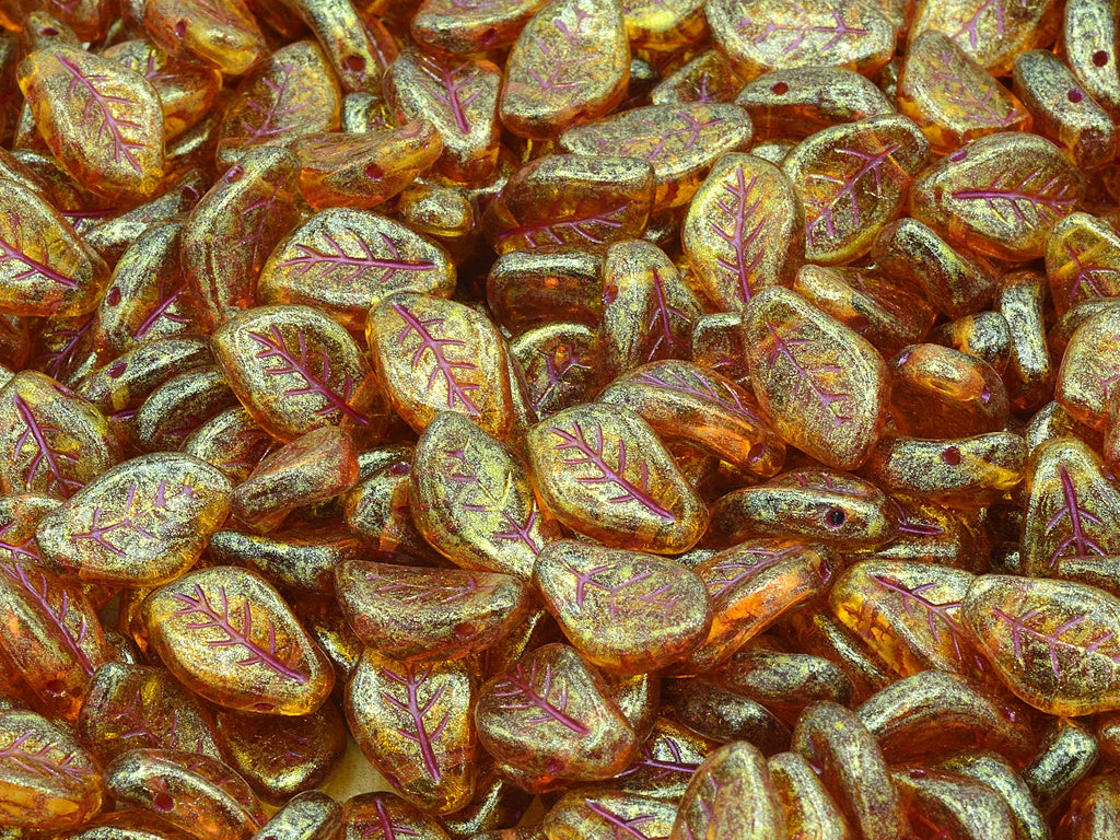 Wavy Leaf Beads, Transparent Orange Pink Lined Light Yellow (10080-43807-34302), Glass, Czech Republic