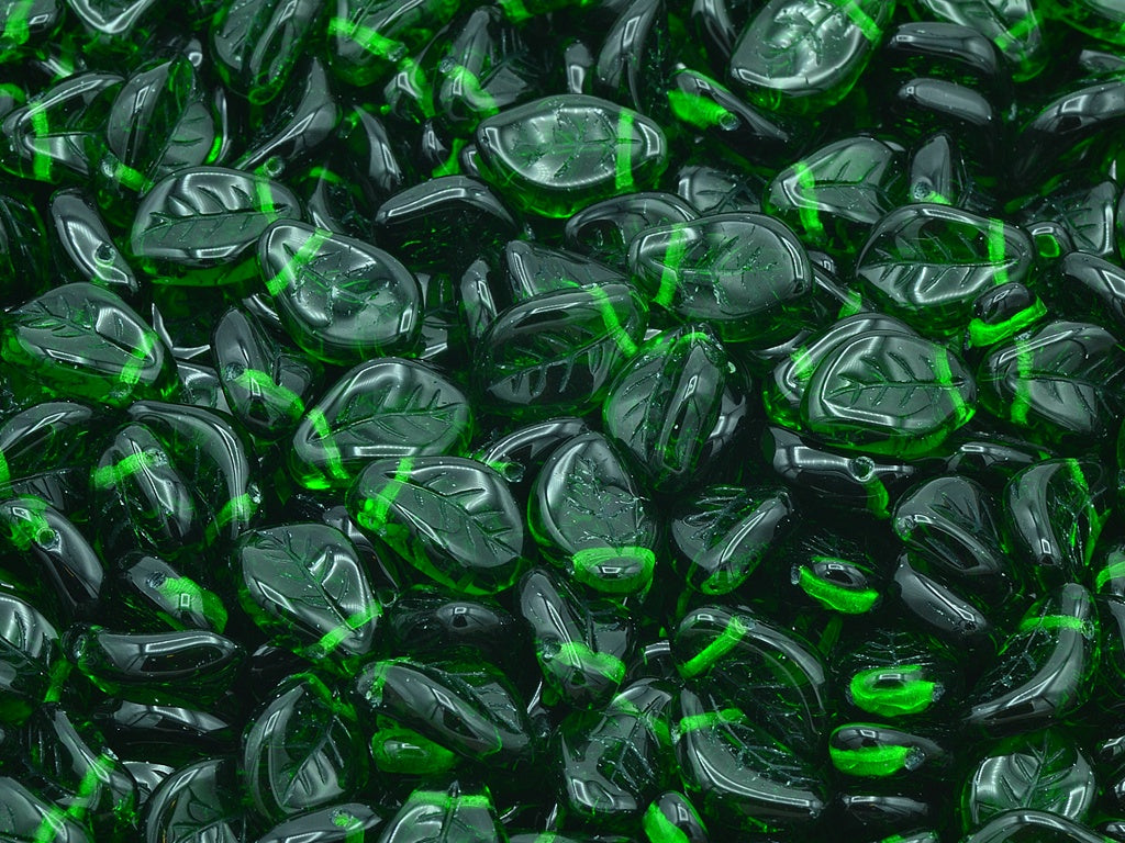 Wavy Leaf Beads, Transparent Green (50140), Glass, Czech Republic