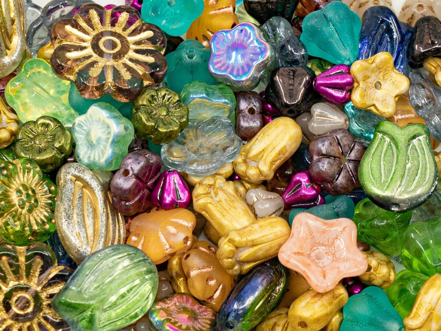 Mix of Small Czech Glass Flower Beads, Hand Made Set Kit, Bell Flower, Tulip, Bud Beads