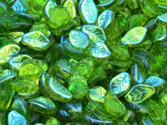 Wavy Leaf Beads, Transparent Green Ab (50230-28701), Glass, Czech Republic