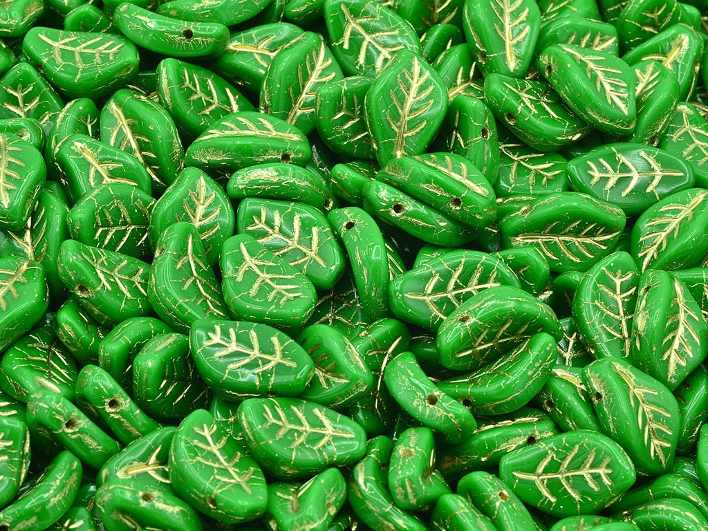 Wavy Leaf Beads, Opaque Green Gold Lined (53330-54202), Glass, Czech Republic