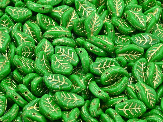 Wavy Leaf Beads, Opaque Green Gold Lined (53330-54202), Glass, Czech Republic