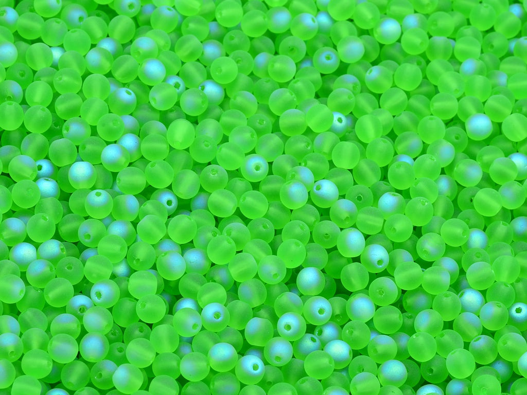 Round Druck Beads, Transparent Green Matte Ab (50020-84110-28701), Glass, Czech Republic