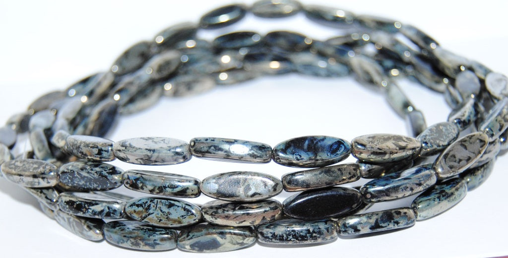 Oval Roach Beads, Black Picasso (208-23980-43400), Glass, Czech Republic ~ STRANDED