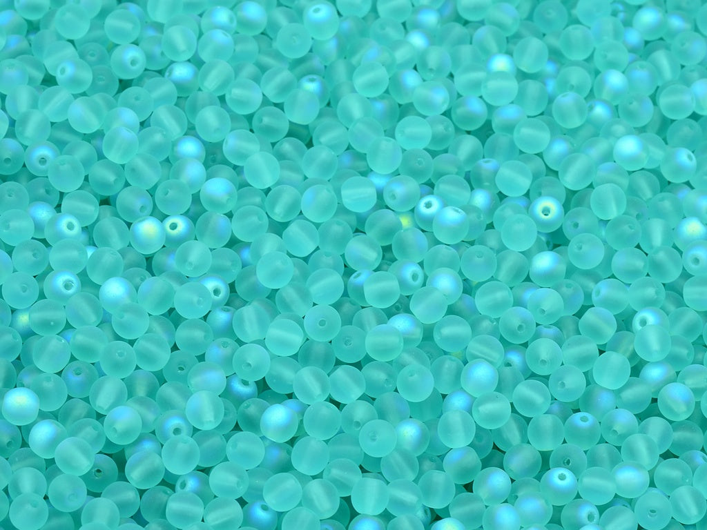 Round Druck Beads, Transparent Aqua Matte Ab (60200-84110-28701), Glass, Czech Republic