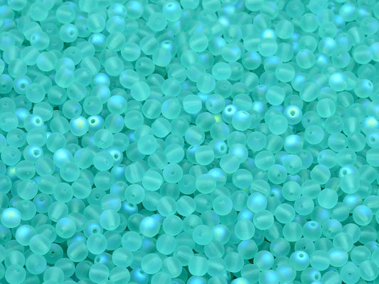Round Druck Beads, Transparent Aqua Matte Ab (60200-84110-28701), Glass, Czech Republic