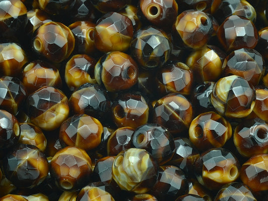 Faceted Round Fire Polished Beads, Lined Green Brown (16127), Glass, Czech Republic