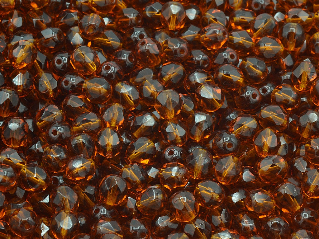 Faceted Round Fire Polished Beads, Transparent Brown (10100), Glass, Czech Republic