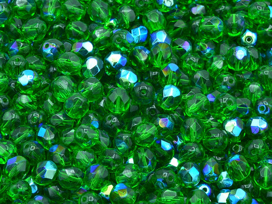 Faceted Round Fire Polished Beads, Emerald Green Ab (50120-28701), Glass, Czech Republic