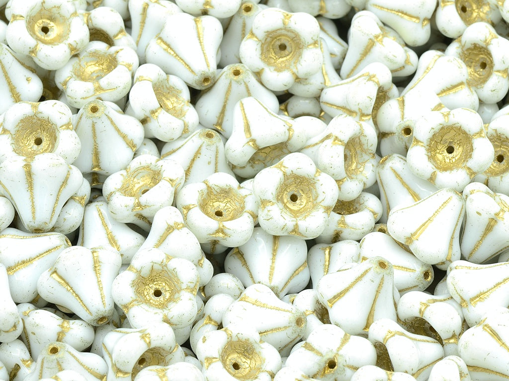 Bell Flower Beads, Chalk White Gold Lined (03000-54202), Glass, Czech Republic