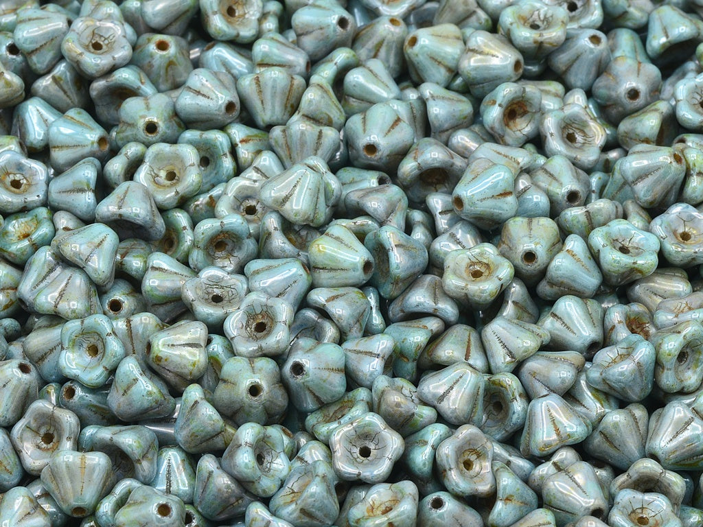 Bell Flower Beads, Chalk White Stain With Luster Blue (03000-65431), Glass, Czech Republic