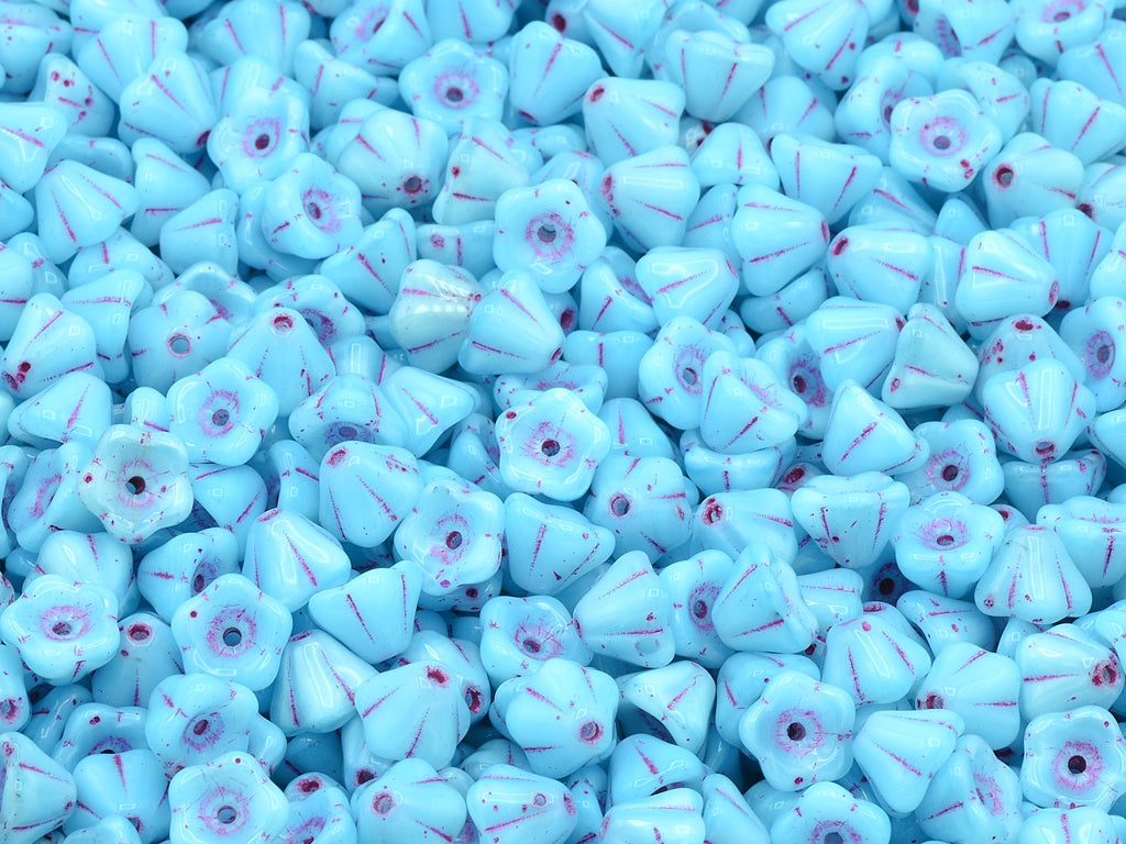 Bell Flower Beads, Opal Aqua Pink Lined (61000-43807), Glass, Czech Republic