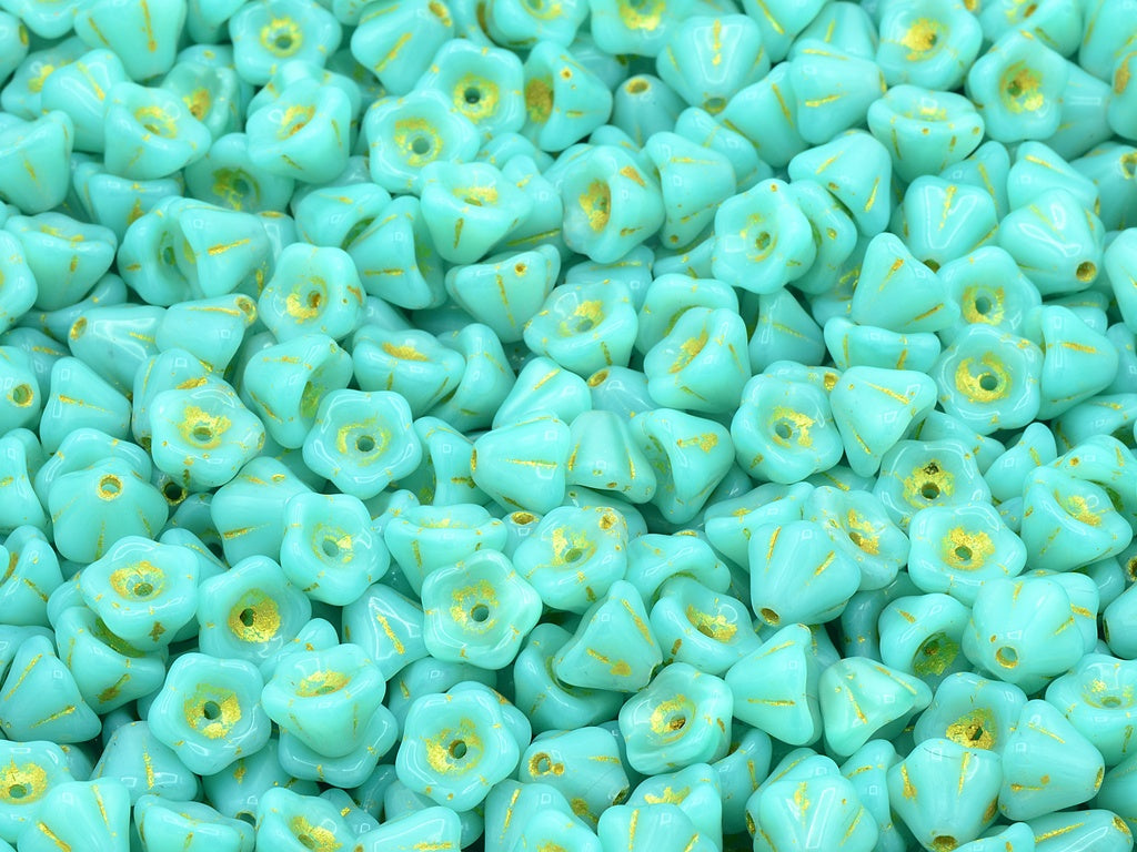 Bell Flower Beads, Opal Aqua Gold Lined (61100-54302), Glass, Czech Republic