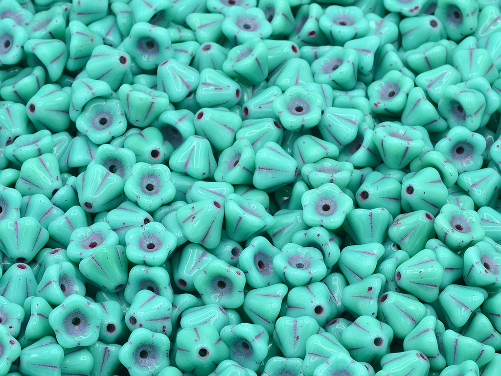 Bell Flower Beads, Turquoise Pink Lined (63130-43807), Glass, Czech Republic
