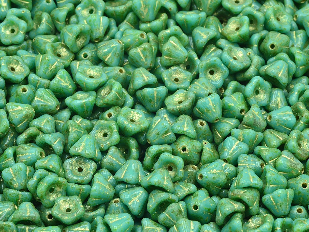 Bell Flower Beads, Turquoise Travertin Gold Lined (63130-86800-54302), Glass, Czech Republic