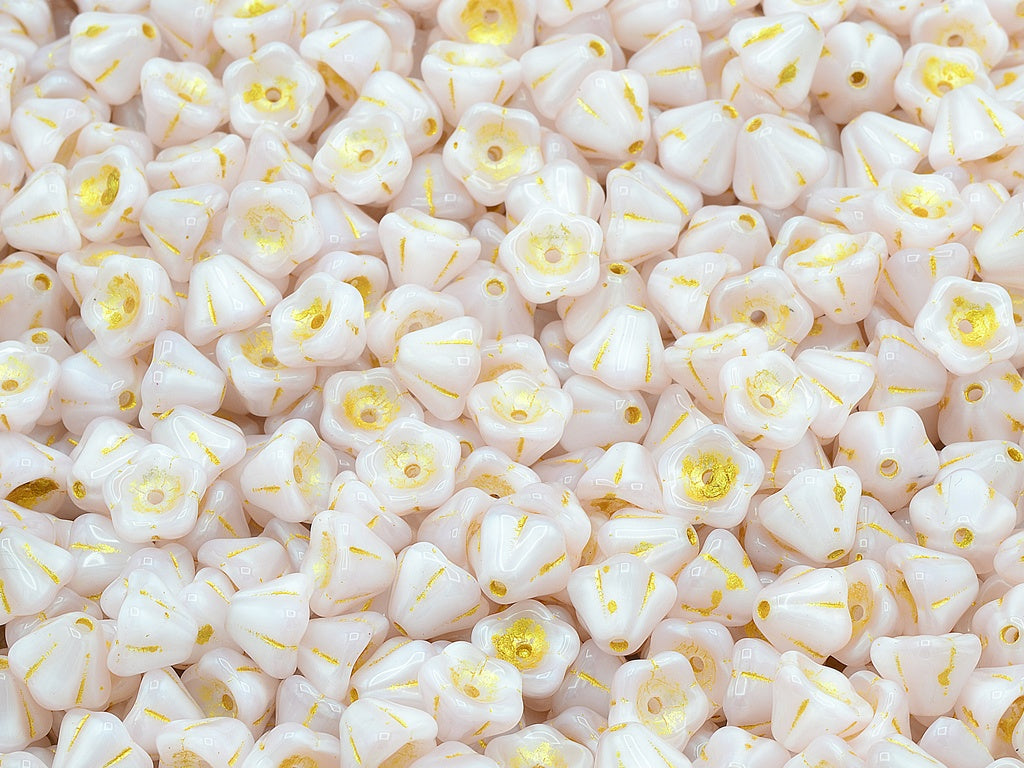 Bell Flower Beads, Opal Pink Gold Lined (71000-54302), Glass, Czech Republic