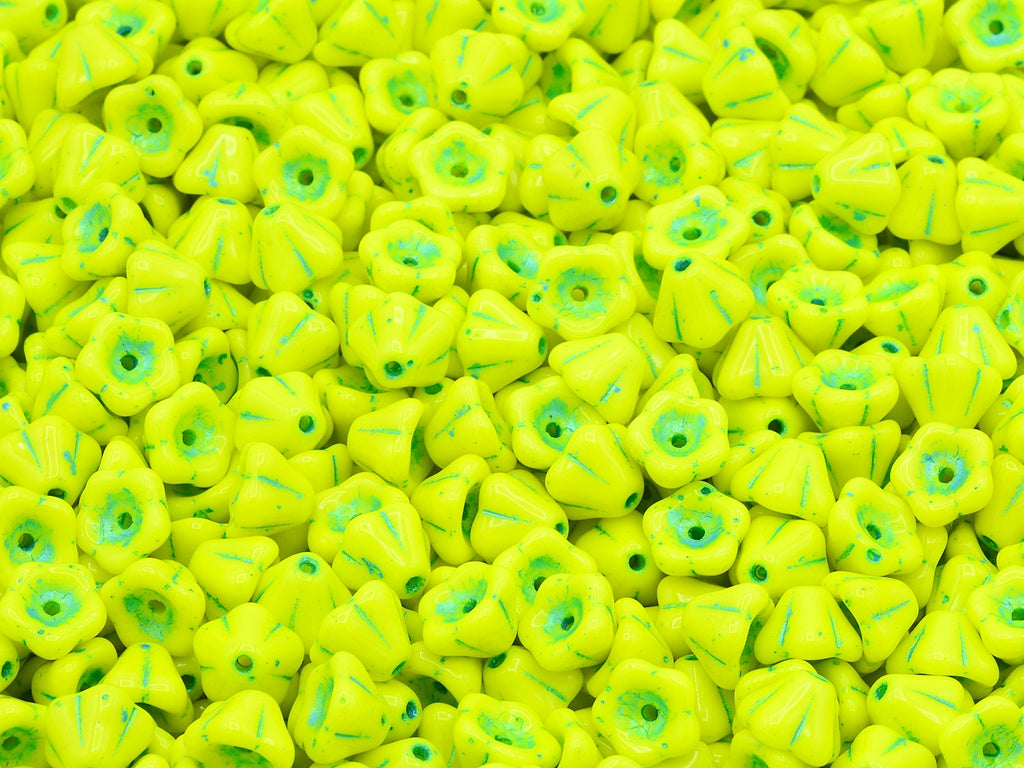 Bell Flower Beads, Yellow Light Blue Lined (83120-43811), Glass, Czech Republic