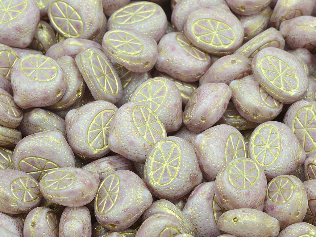 Flat Lemon Half Beads, Chalk White Light Fuchsia Pink Gold Lined (03000-34306-54302), Glass, Czech Republic