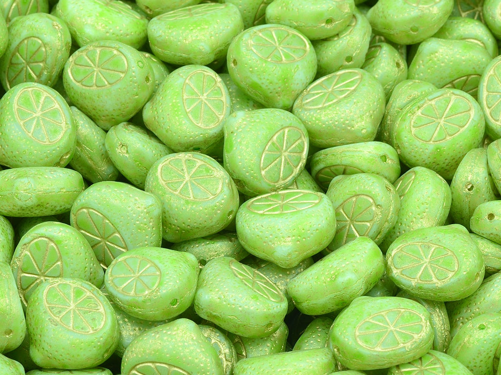 Flat Lemon Half Beads, Chalk White Light Green Gold Lined (03000-34310-54302), Glass, Czech Republic