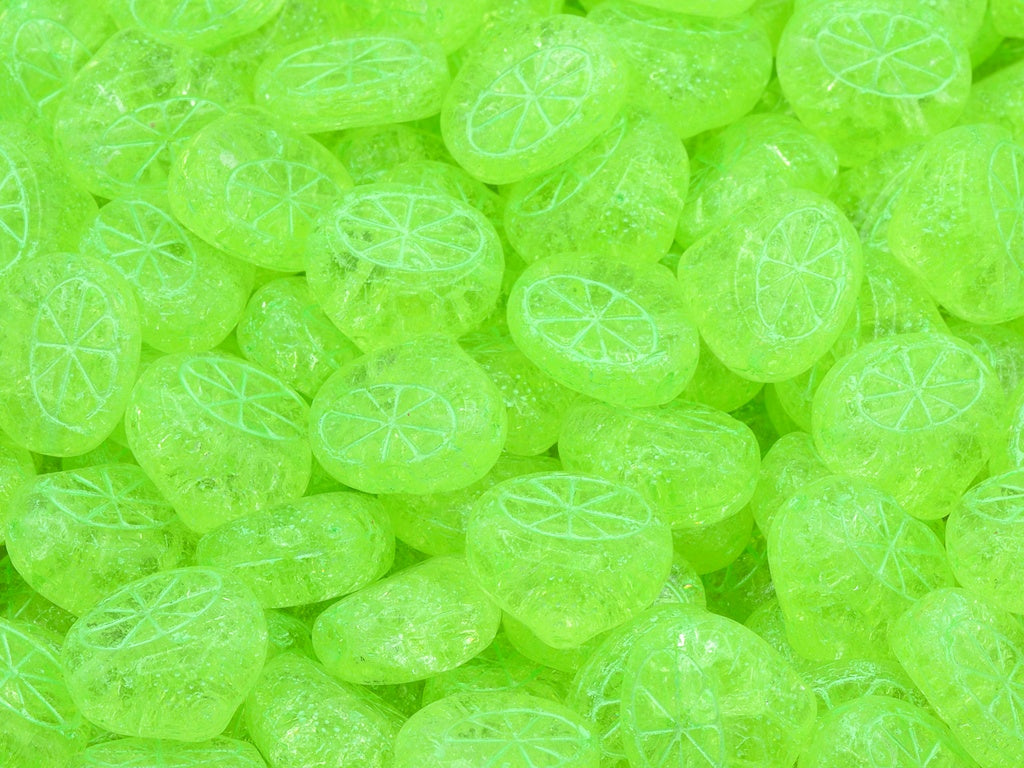 Flat Lemon Half Beads, Transparent Yellow Cracked Green Lined (80130-85500-54322), Glass, Czech Republic