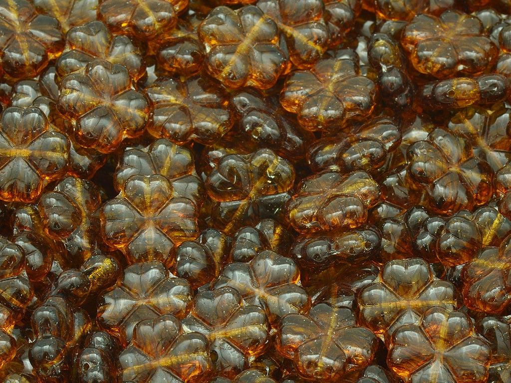 4-Leaf Clover Beads, Orange With Brown Lines (18016), Glass, Czech Republic
