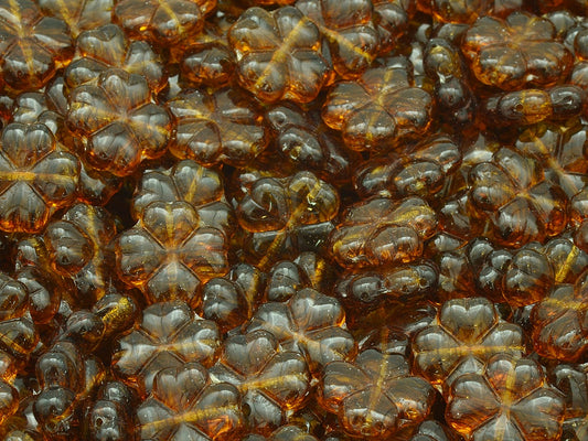 4-Leaf Clover Beads, Orange With Brown Lines (18016), Glass, Czech Republic