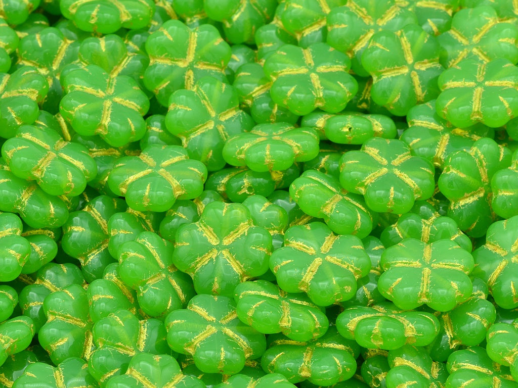 4-Leaf Clover Beads, Opal Green Gold Lined (51010-54302), Glass, Czech Republic