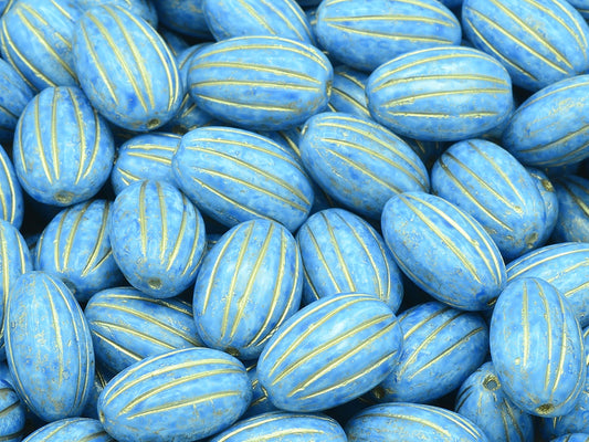 Olive Melon Beads, Chalk White Light Blue Gold Lined (03000-34307-54302), Glass, Czech Republic