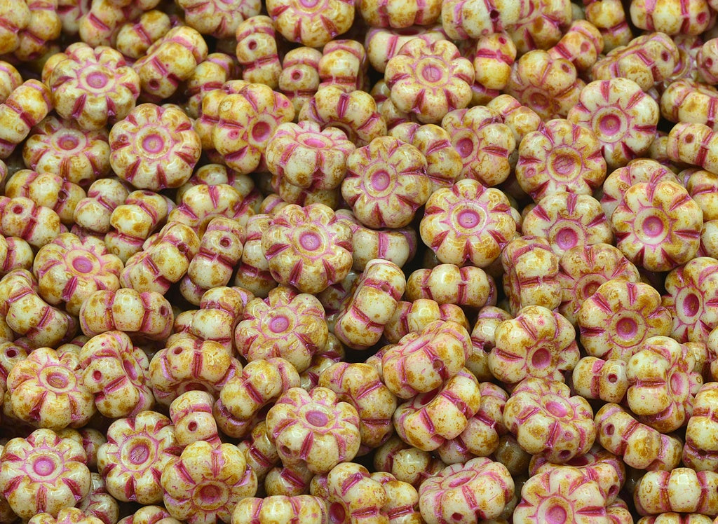 Flat Flower Beads, Chalk White Travertin Pink Lined (03000-86800-43807), Glass, Czech Republic