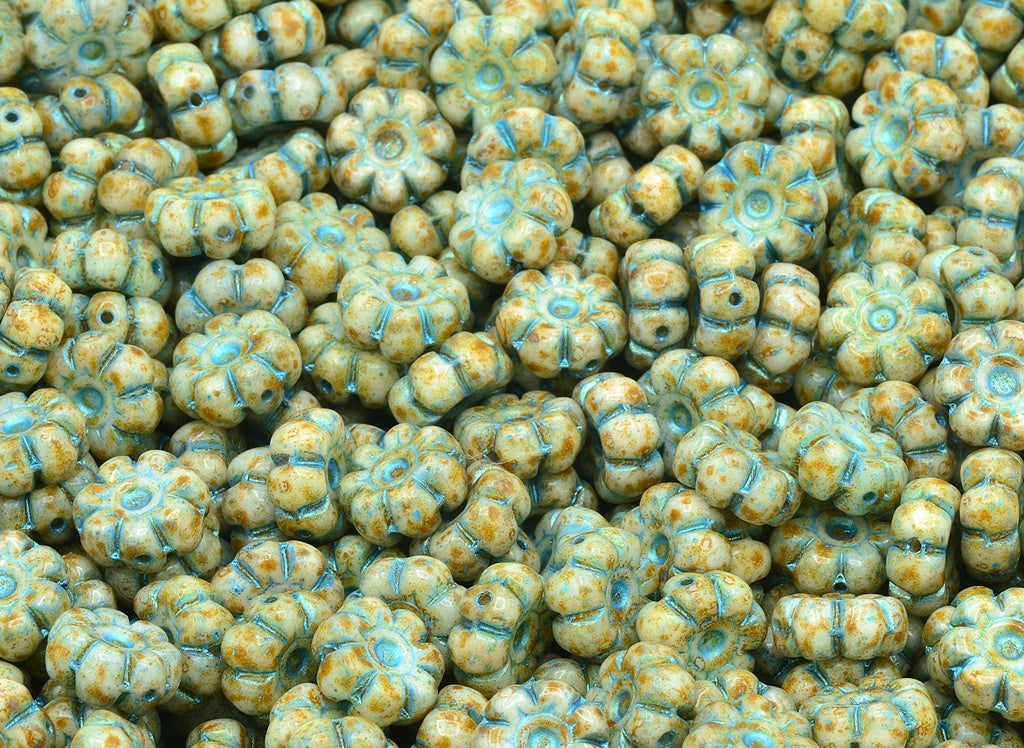 Flat Flower Beads, Chalk White Travertin Light Blue Lined (03000-86800-43811), Glass, Czech Republic