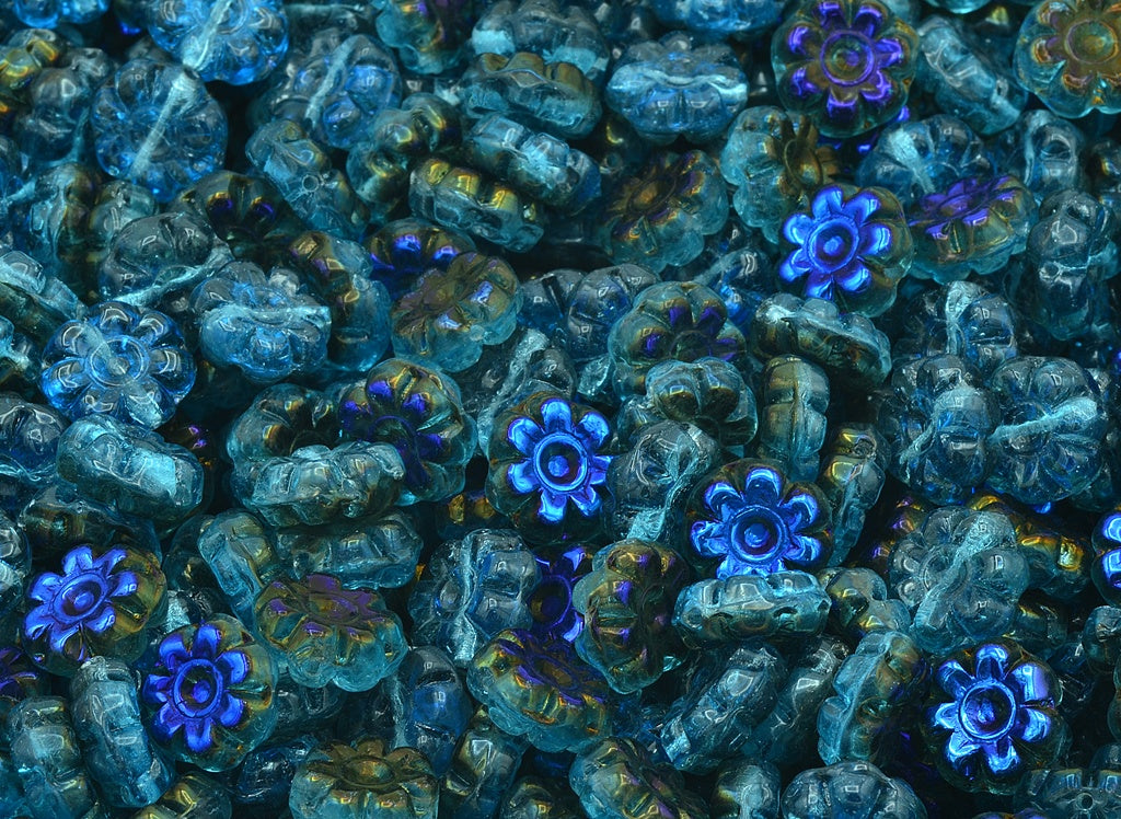Flat Flower Beads, Transparent Aqua 22201 (60010-22201), Glass, Czech Republic
