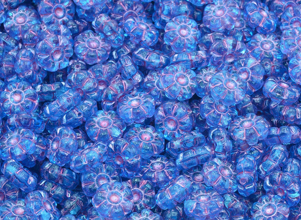 Flat Flower Beads, Transparent Aqua Pink Lined (60010-54321), Glass, Czech Republic