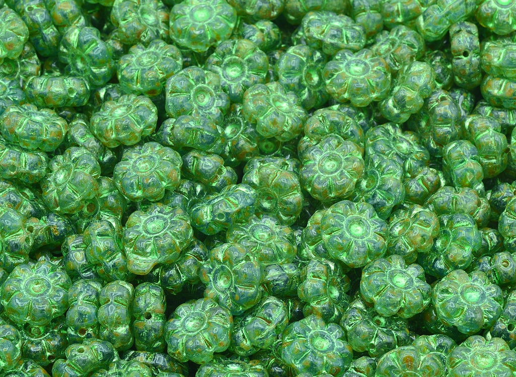Flat Flower Beads, Transparent Aqua Travertin Green (60010-86800-43813), Glass, Czech Republic
